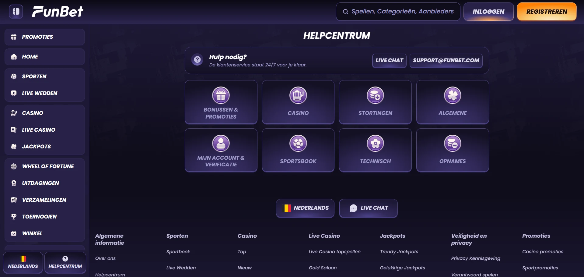 Contactblok van Funbet Casino met live chat en e-mail op een telefoon