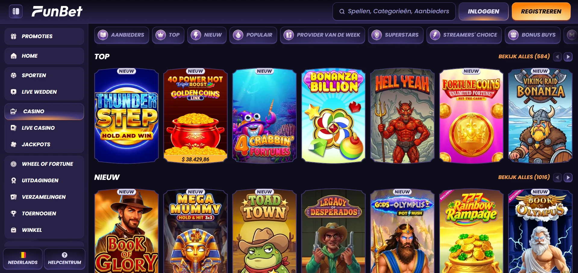 Spellenlobby van Funbet Casino op een telefoon met rijen speltegels