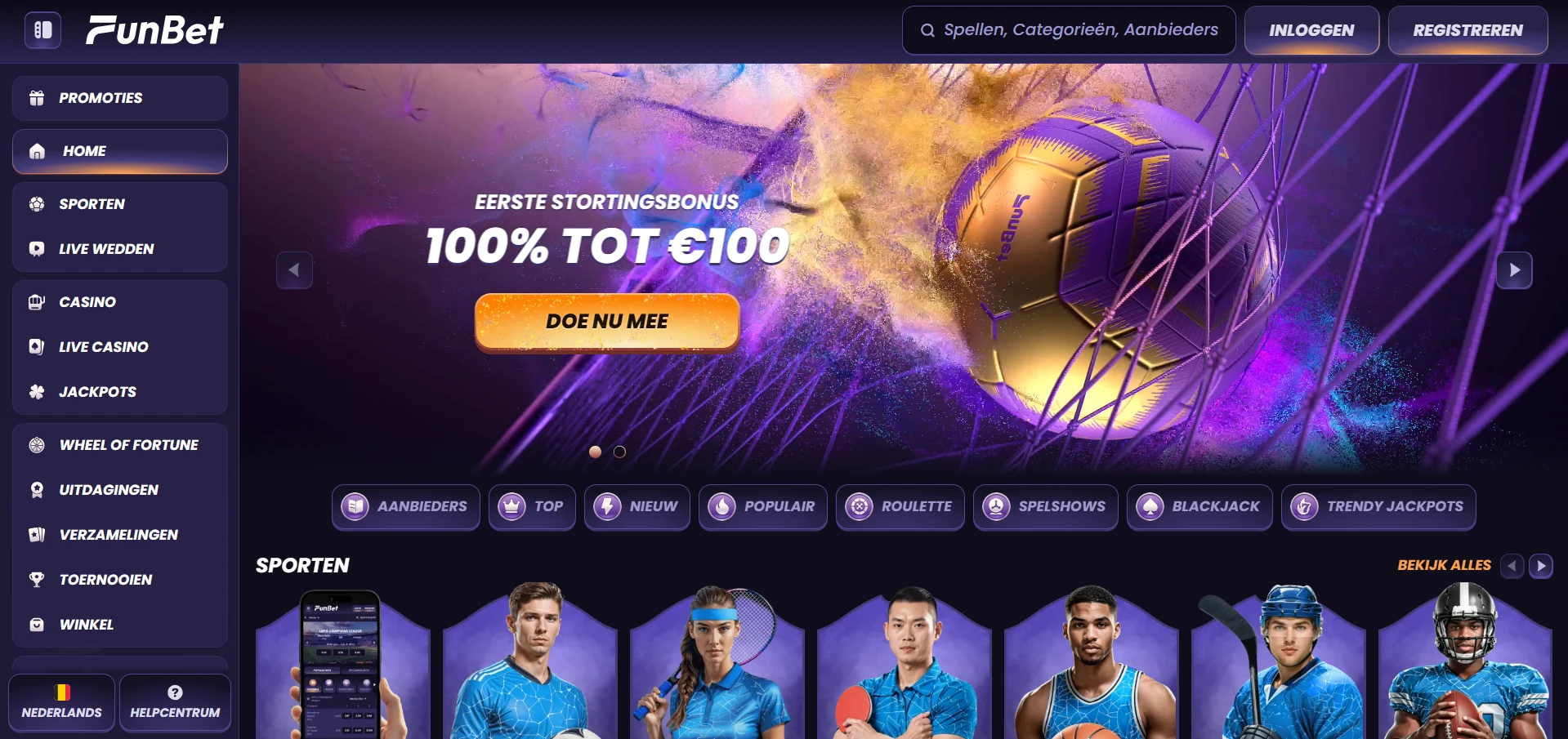 Startscherm van Funbet Casino op een smartphone met het spelmenu