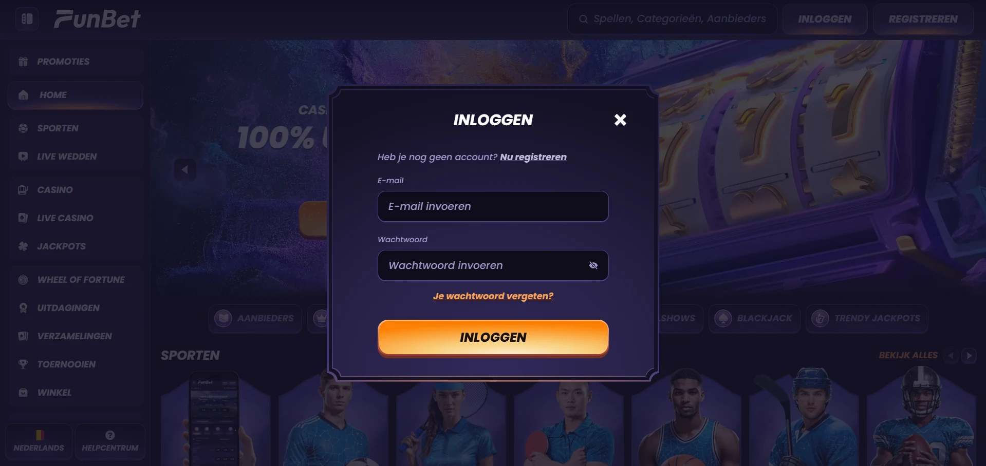 Inlogvenster van Funbet Casino over de mobiele pagina heen