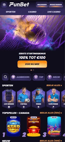 Funbet Casino geopend in de browser van een smartphone met het menu onderaan