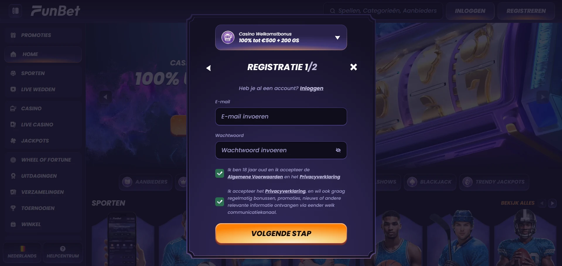 Registratieformulier van Funbet Casino op een telefoon